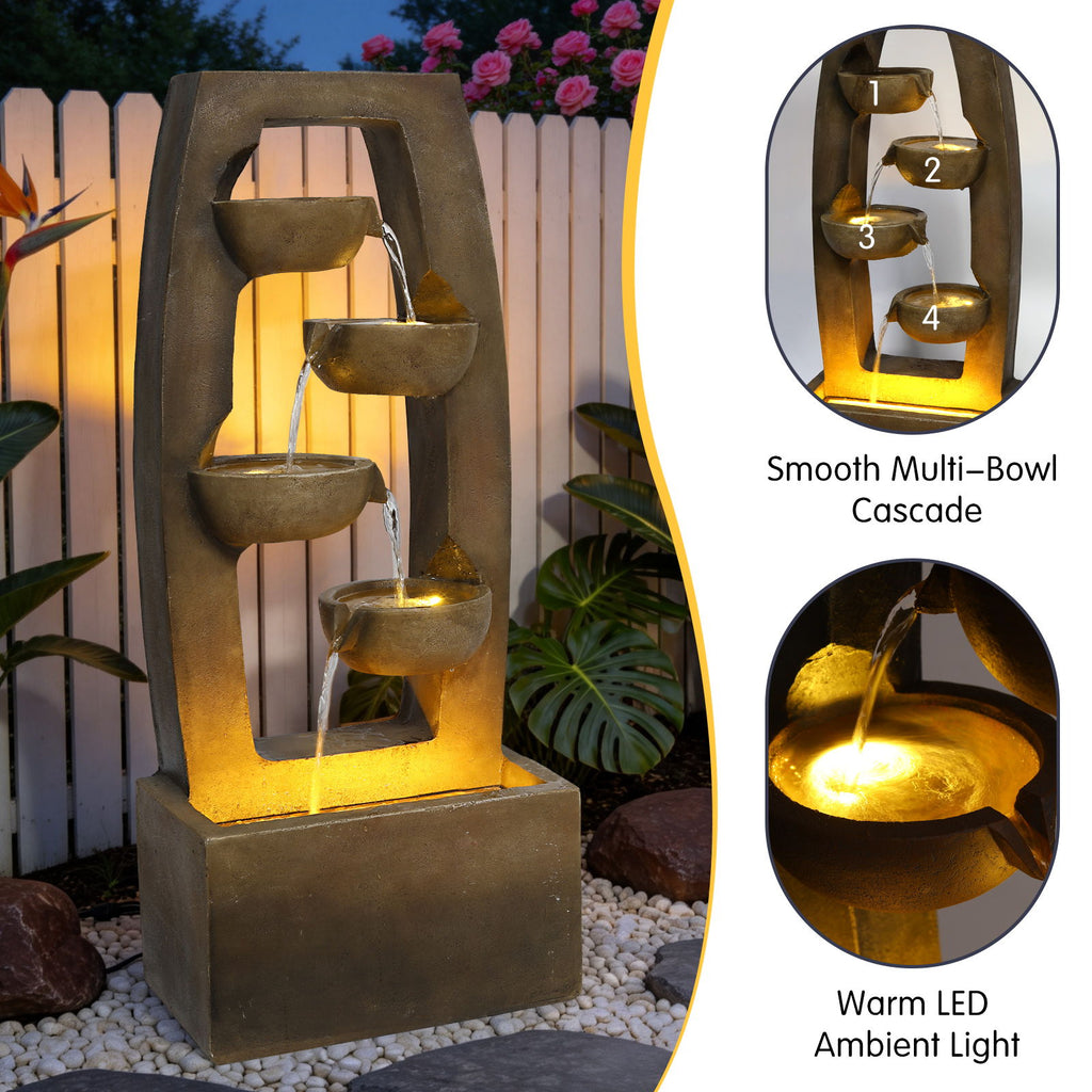 Outdoor Water Fountain With Warm LED Lights, 4 Tier Cascading Bowl For Patio - Brown
