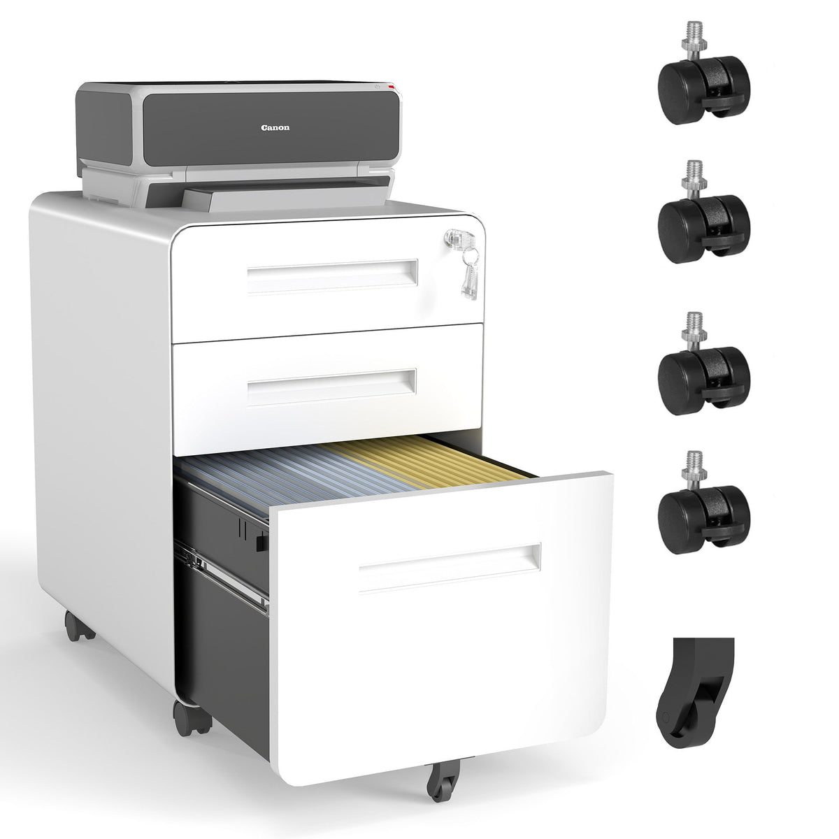 3-Drawer Mobile File Cabinet With Lock, On Casters, Holds A4/Letter Files