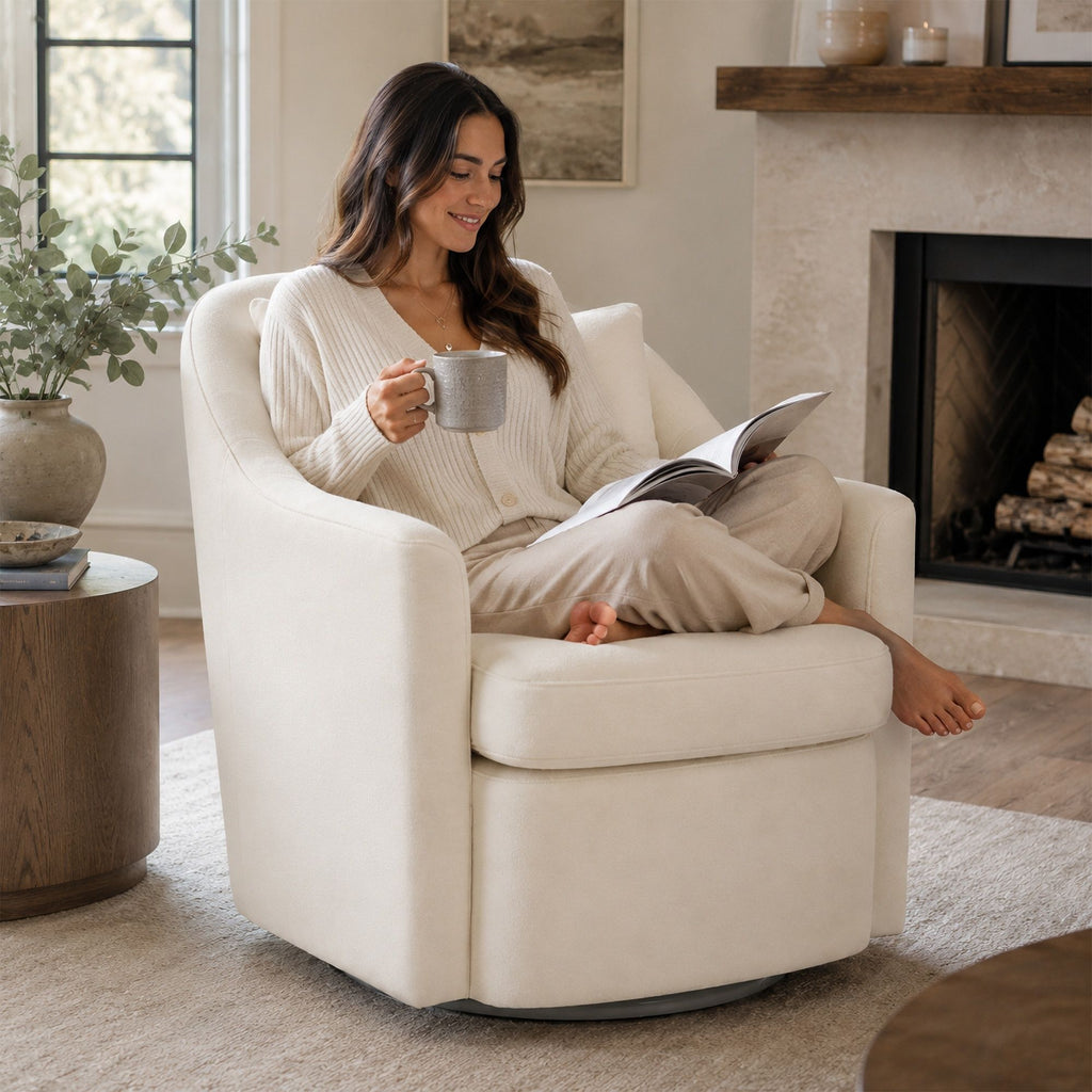 Upholstered Barrel Lounge Chair With Soft Cushioned Seat And Frame - White
