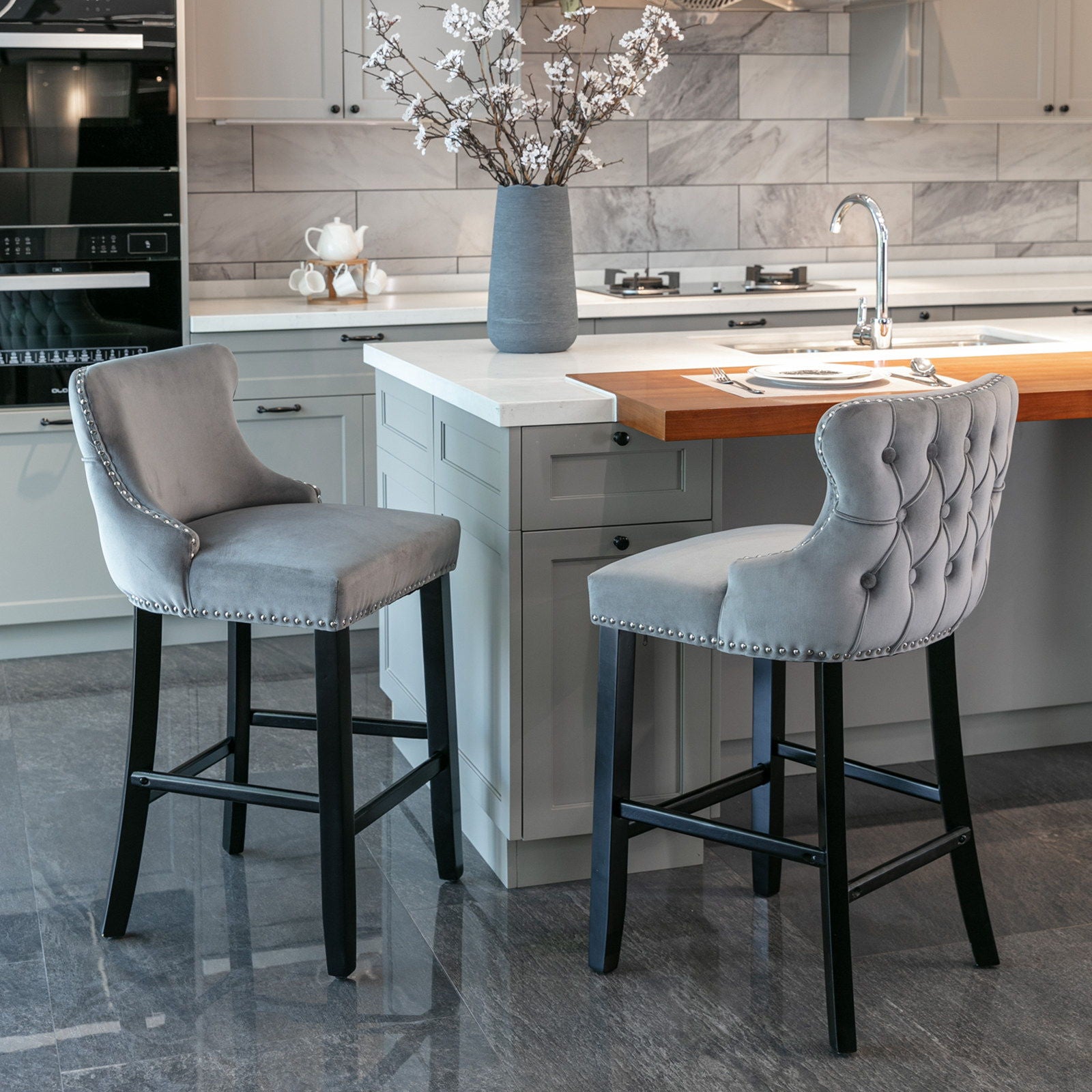 Contemporary Upholstered Wing-Back Barstools With Button Tufted Decoration And Wooden Legs, And Nailhead Trim, Leisure Style Bar Chairs, Bar Stools (Set of 2)