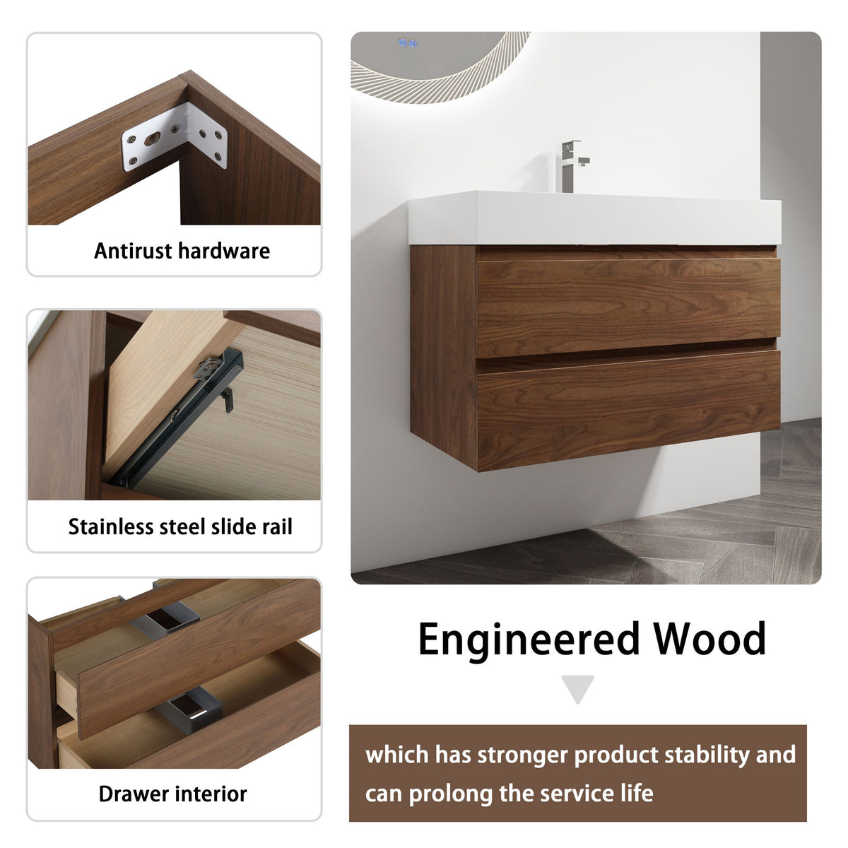 Wall Mounted Bathroom Vanity And Sink, 2 Soft Close Drawers