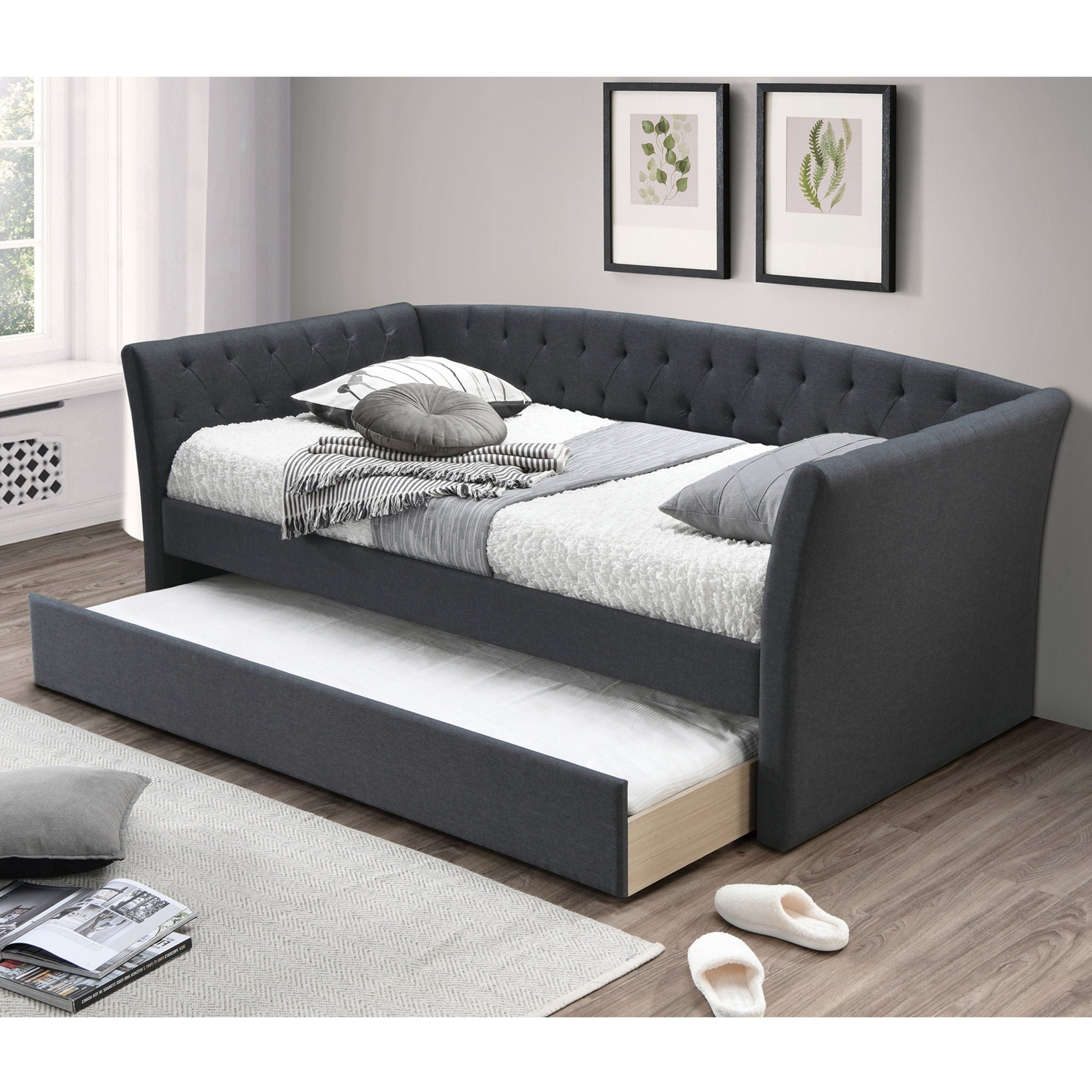 Daybed With Trundle Button Tufted Slat Included - Charcoal