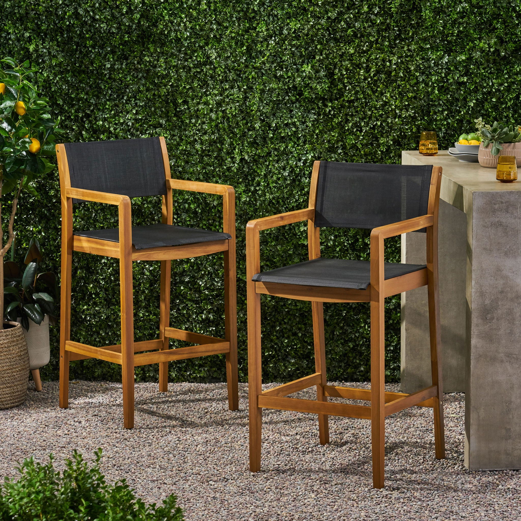 Outdoor Barstool With Woven Wicker And Frame (Set of 2) - Teak