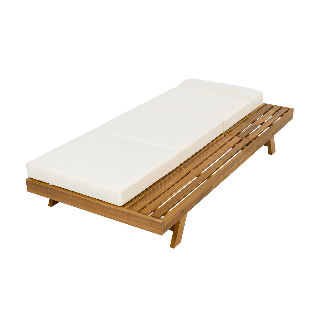 Acacia Wood Lounge Chaise Set With Headrest And Water Resistant Cushions - Beige