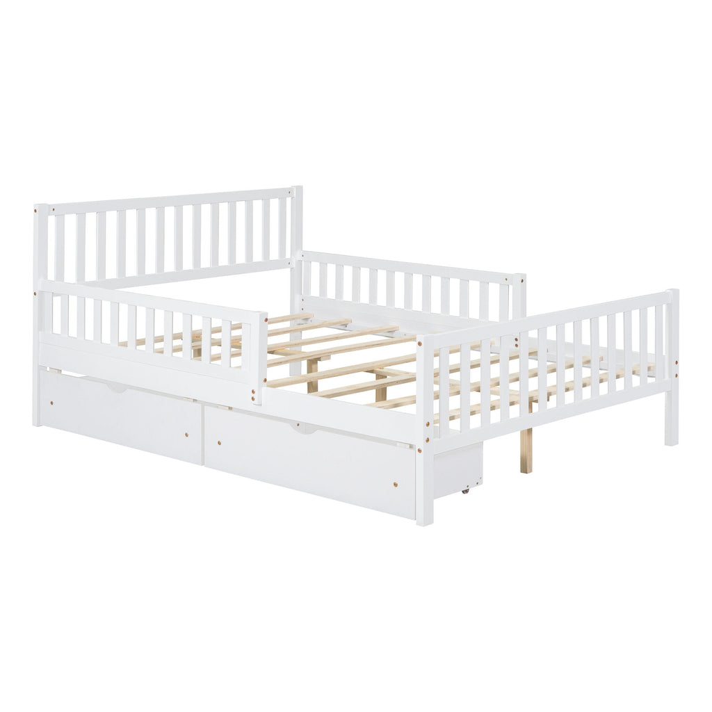 Platform Bed With Guardrails On Both Sides And 2 Storage Drawers