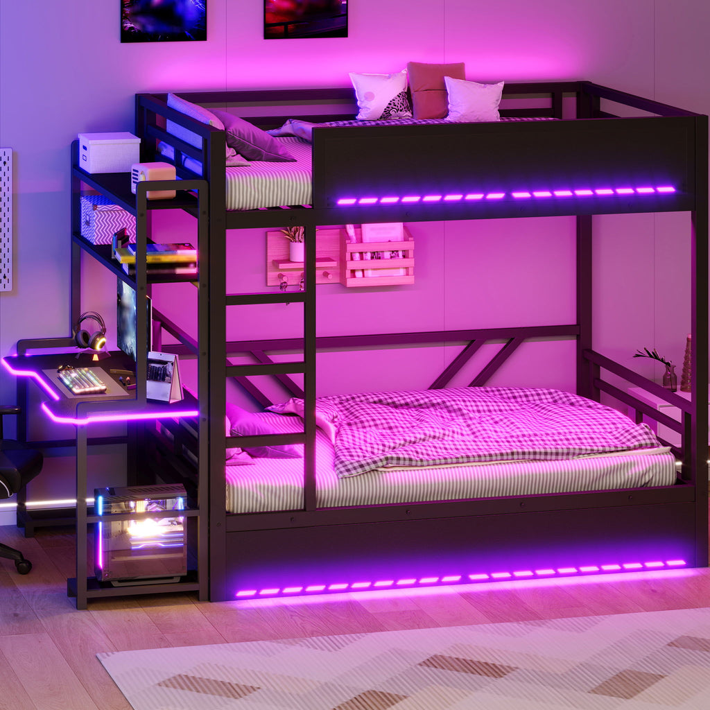 Full Gaming Bunk Bed With Desk, Two Storage Shelves And LED Light - Black
