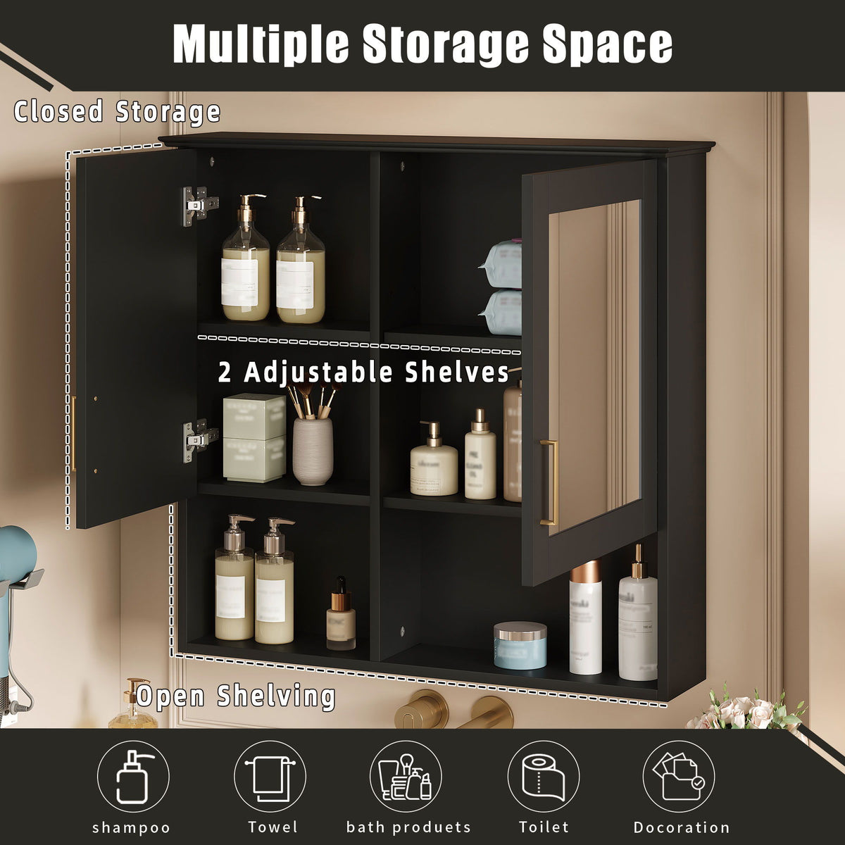 2 In 1 Wall-Mounted Mirror Cabinet With Adjustable Shelves, Soft-Close Doors, High-Definition Mirror & Storage