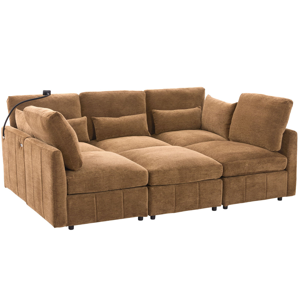 Modern Modular U-Shaped Sofa Bed With Movable Ottoman, USB Ports, Phone Holder