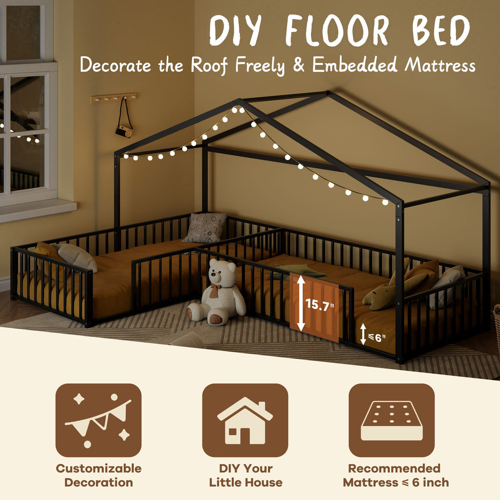 L-Shaped Montessori Bed For 2 Kids With Partitioned Fence