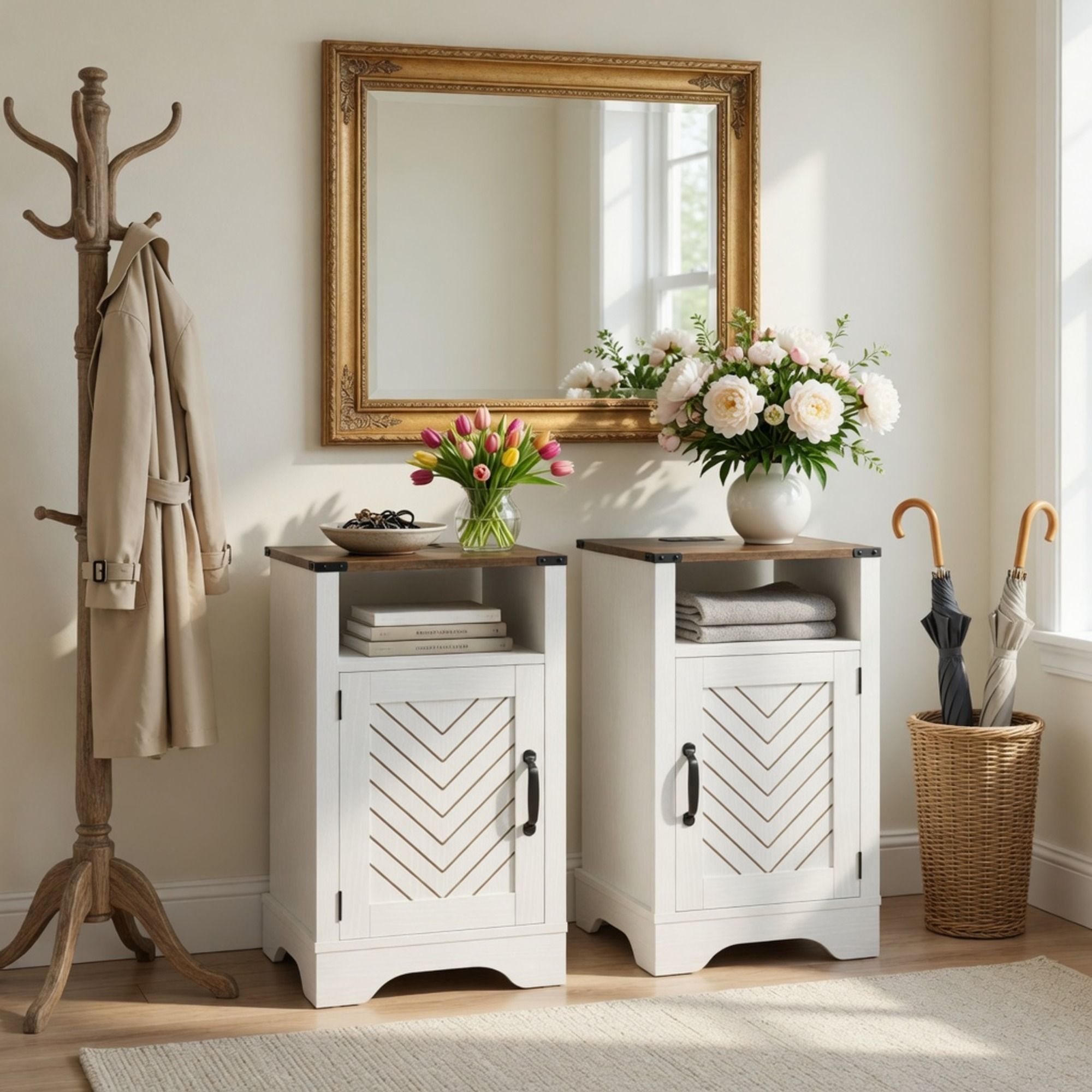 Farmhouse Nightstand With Charging Station & Storage