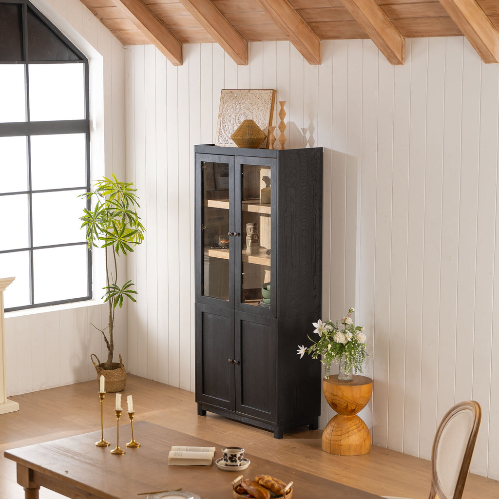 Style Tall Display Cabinet With Glass Doors For Collectibles - Black