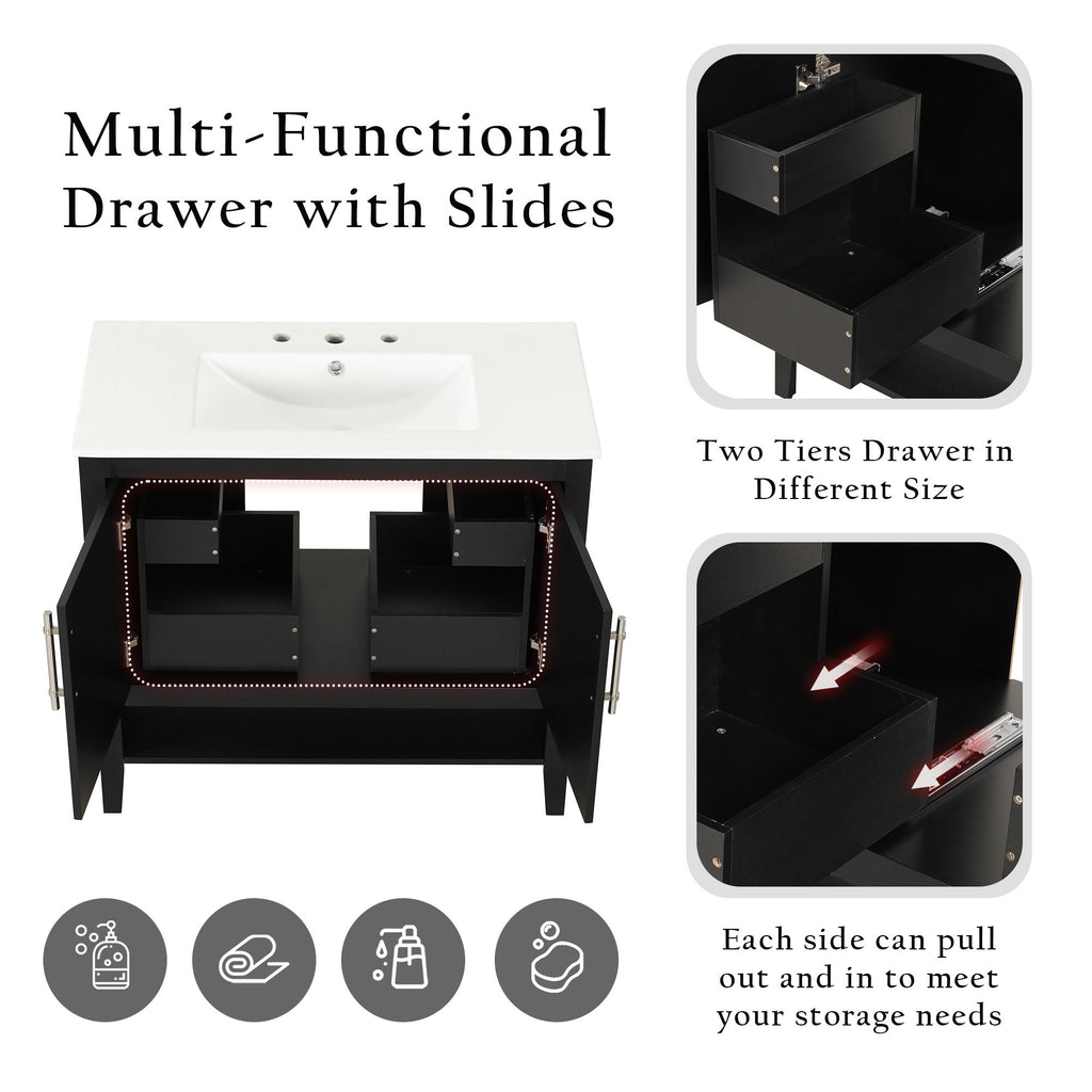 36" Bathroom Vanity With Sink, Frame Cabinet With Doors And Drawers - Black