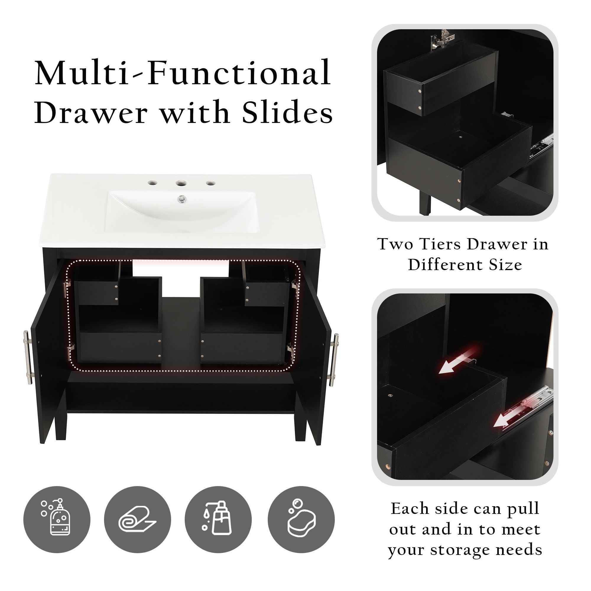 36" Bathroom Vanity With Sink, Frame Cabinet With Doors And Drawers - Black