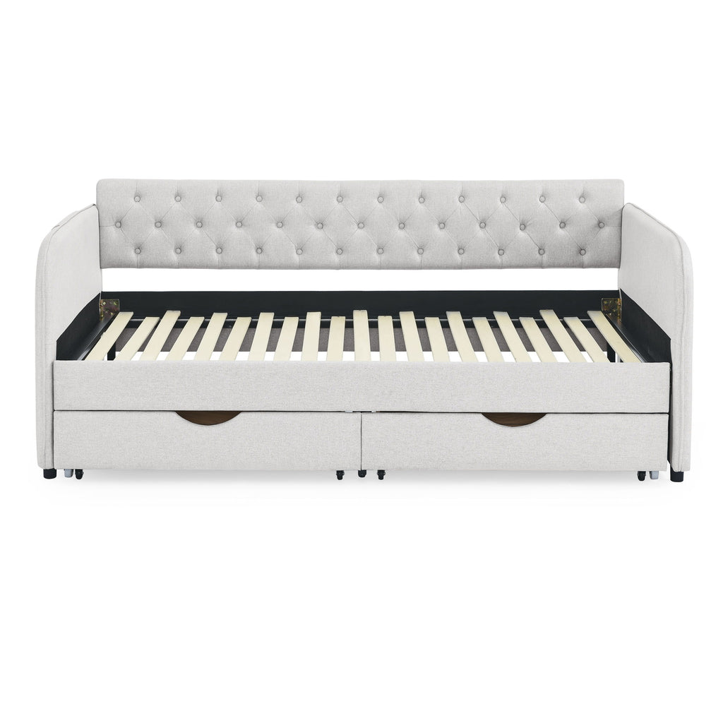 Daybed With Trundle And Storage Drawers, Flat Arms With Pocket