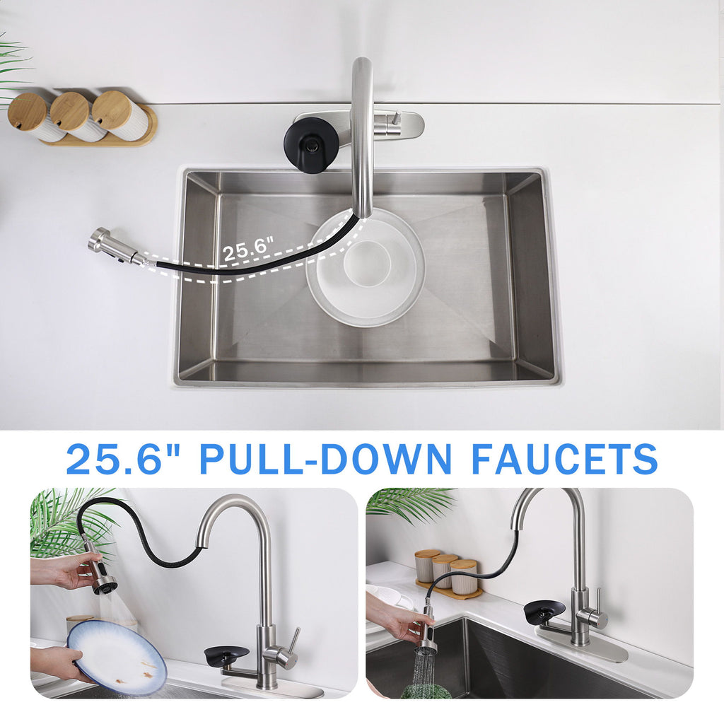 3 In 1 Kitchen Faucet With Press Type Glass Rinser, High Arc Pull Down Sprayer