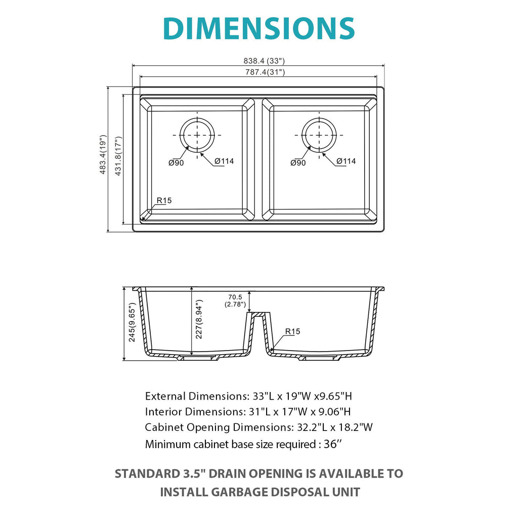 Quartz Kitchen Sink, Granite Composite Double Bowl, Undermount Workstation