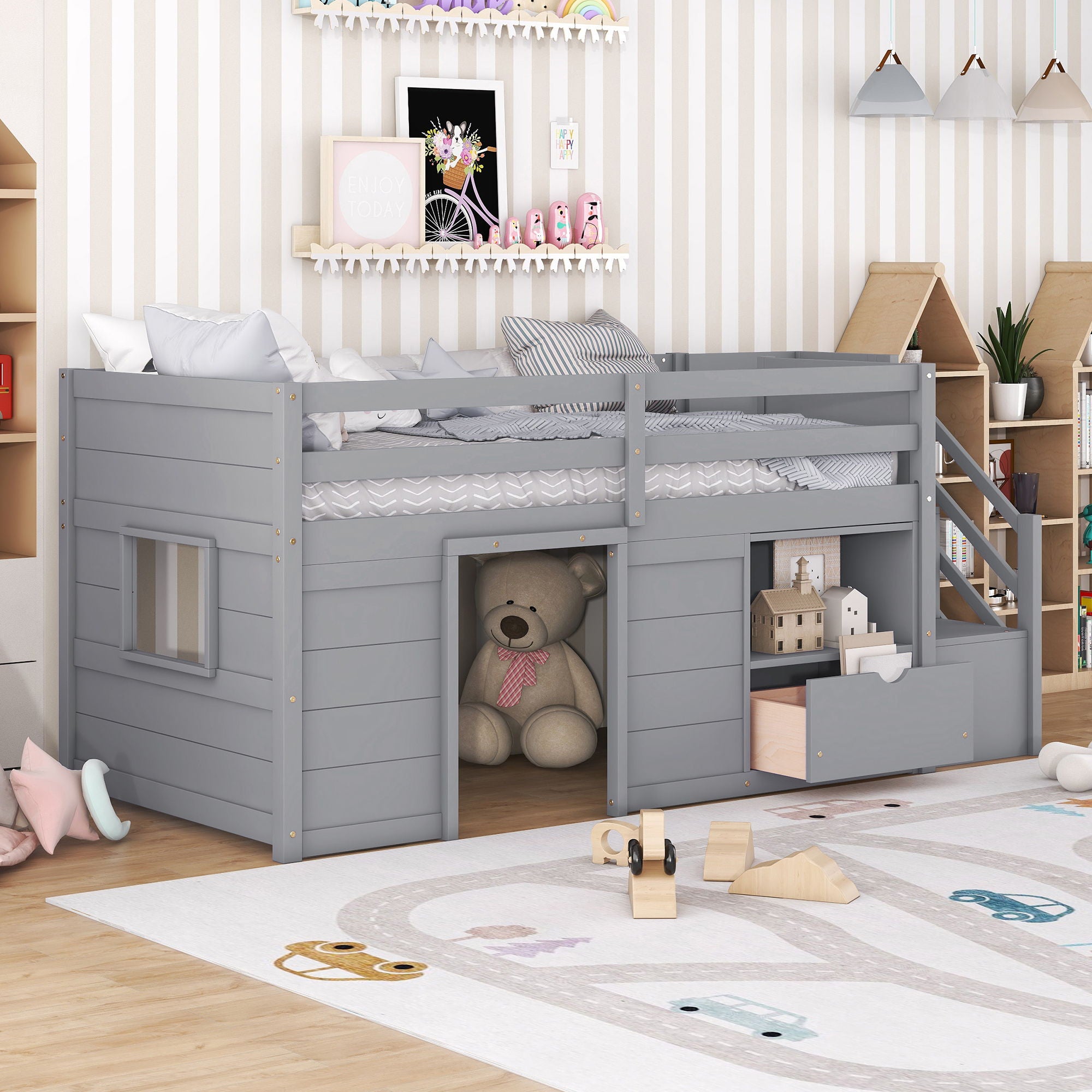 Low Loft Bed With Stair, Drawer, And Shelf
