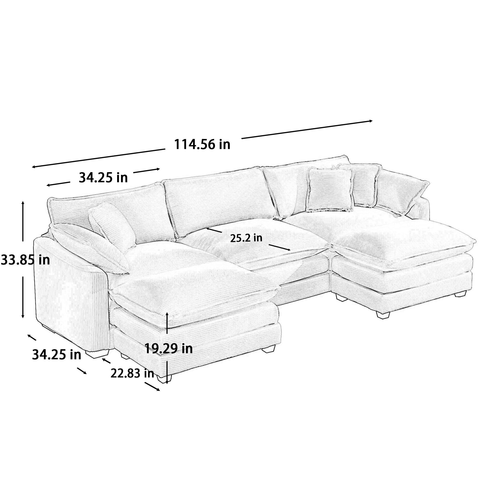 Modern Modular Cushion Sofa With Ottoman, Low Back, Deep Seating Sofa Set