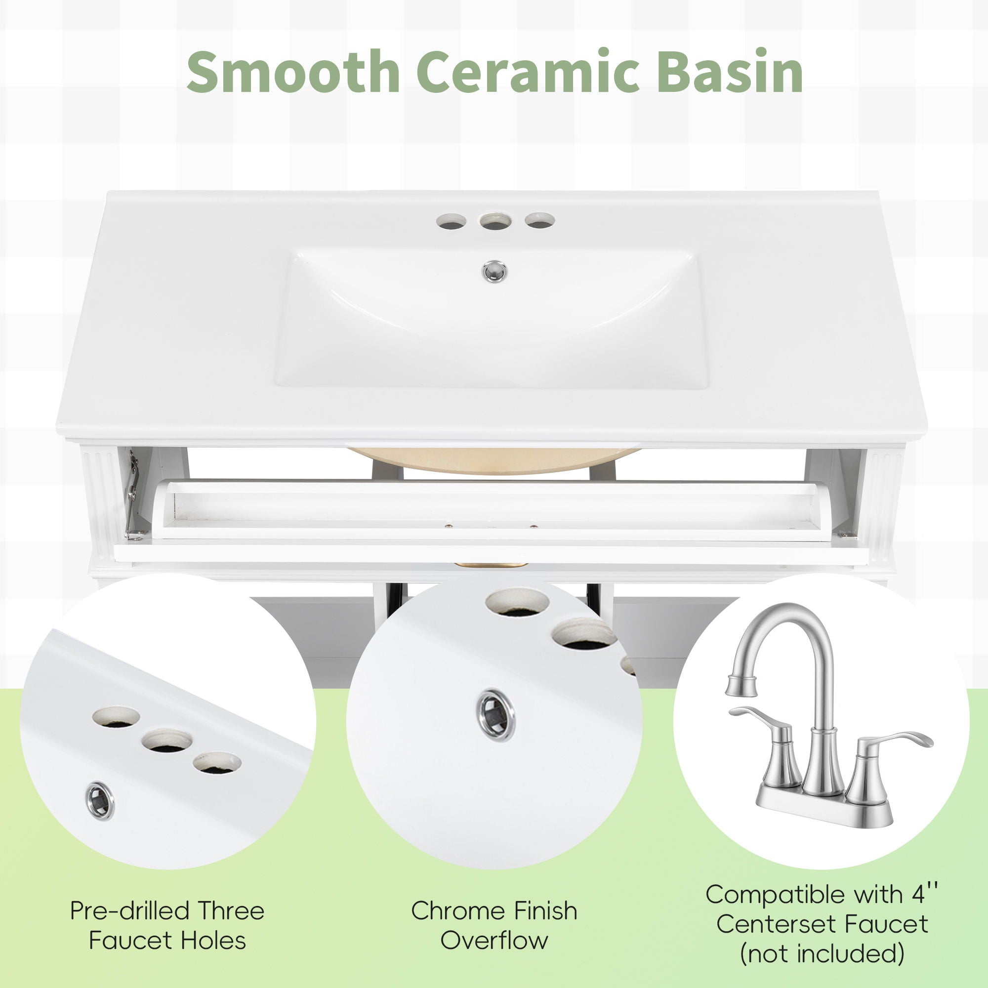 Bathroom Vanity With Sink, Flip-Out Top Drawer, Soft Close Doors, 2 Storage Drawers