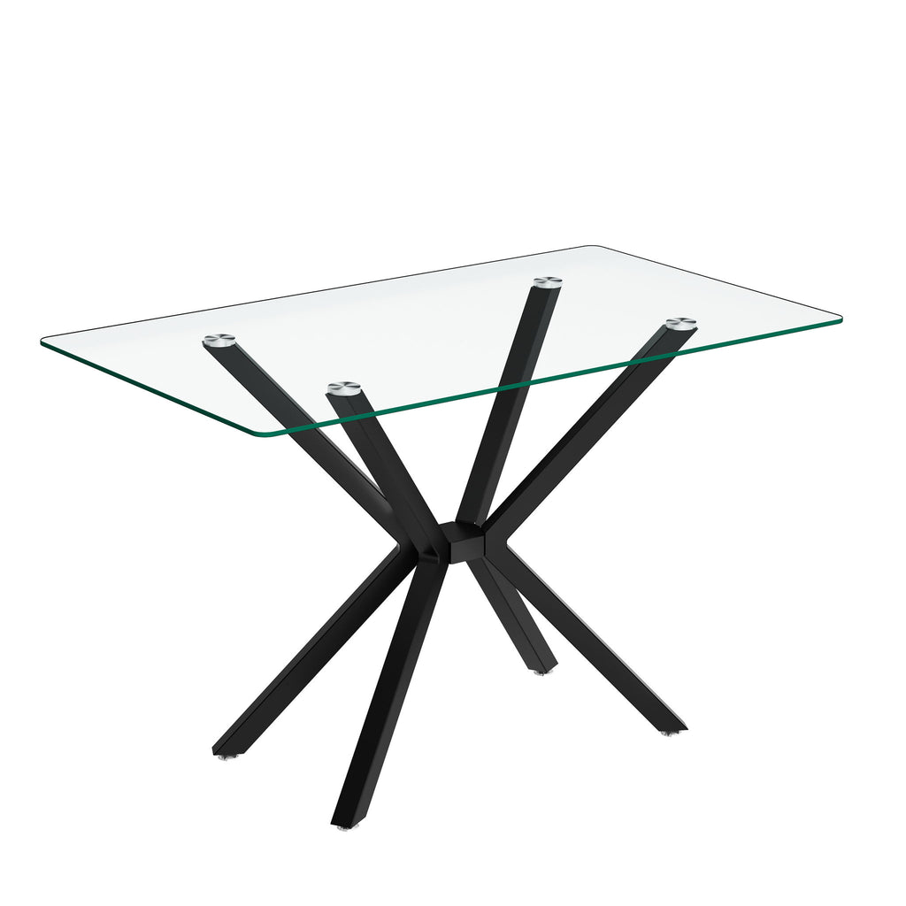 Rectangular Clear Tempered Glass Dining Table, Stylish Design With Plated Metal Legs