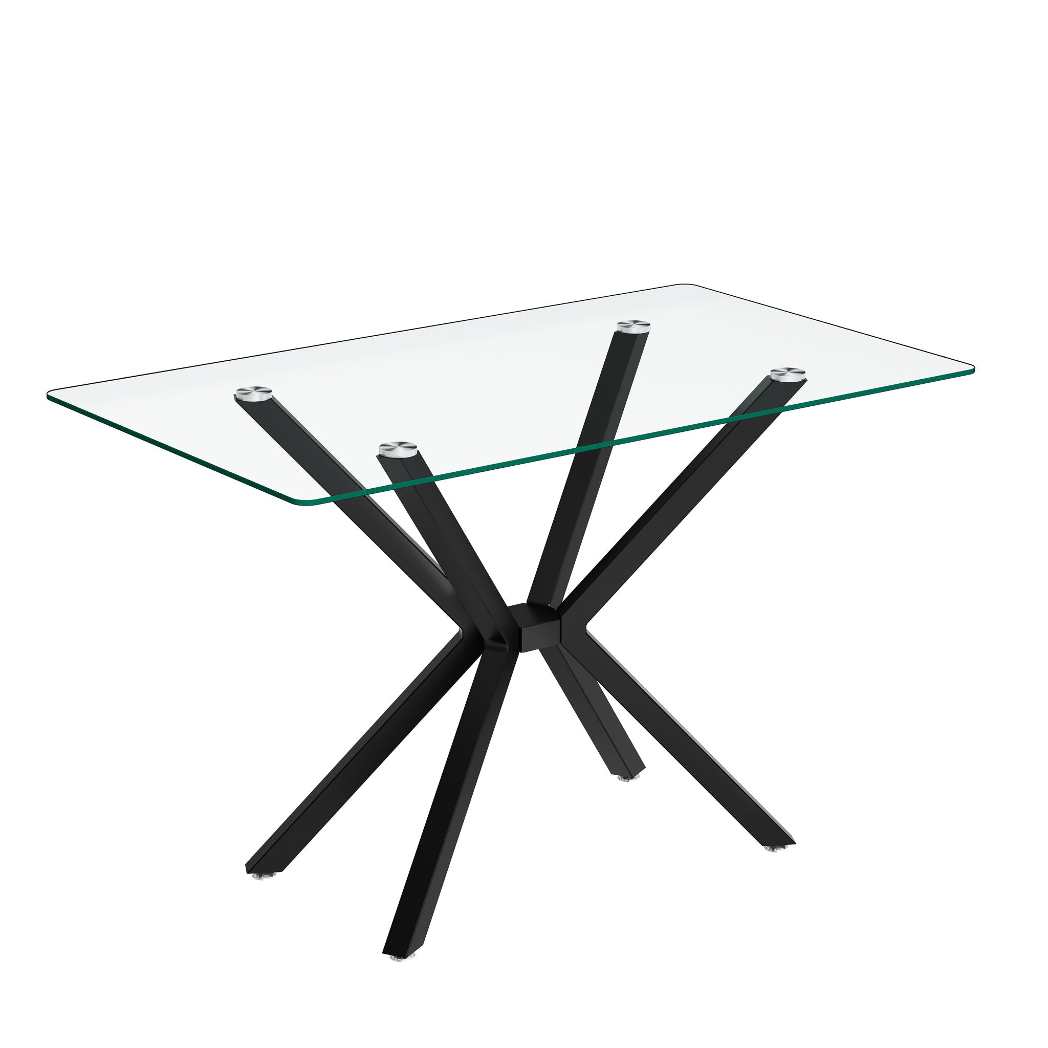 Rectangular Clear Tempered Glass Dining Table, Stylish Design With Plated Metal Legs