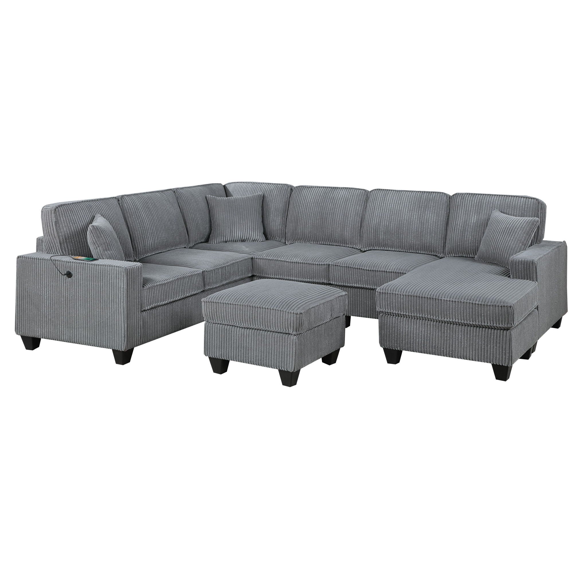 Left Arm Facing Loveseat With USB Port And Storage Sectional Set With Corner Wedge Armless Chair And Cocktail Ottoman - Fog