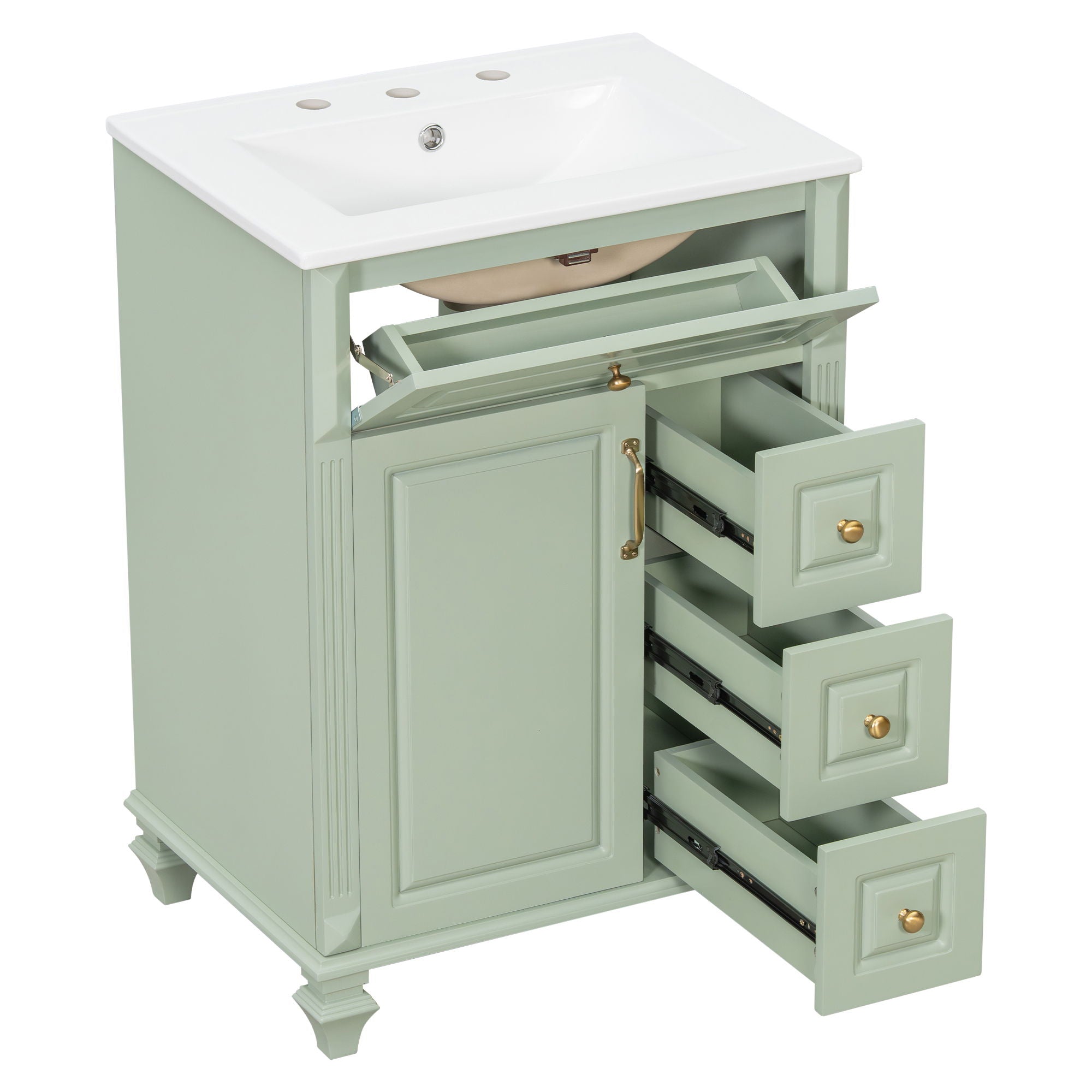 Freestanding Bathroom Vanity With Sink, 3 Drawers & Flip-Out Drawer