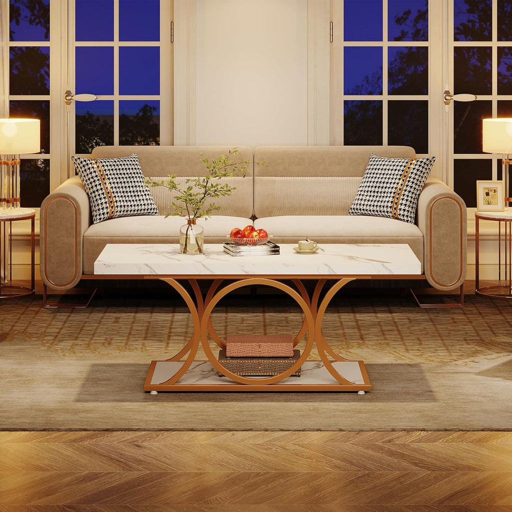 Rectangle Coffee Table, 2 Tier With Geometric Legs, Furniture With Storage Shelf - White / Gold