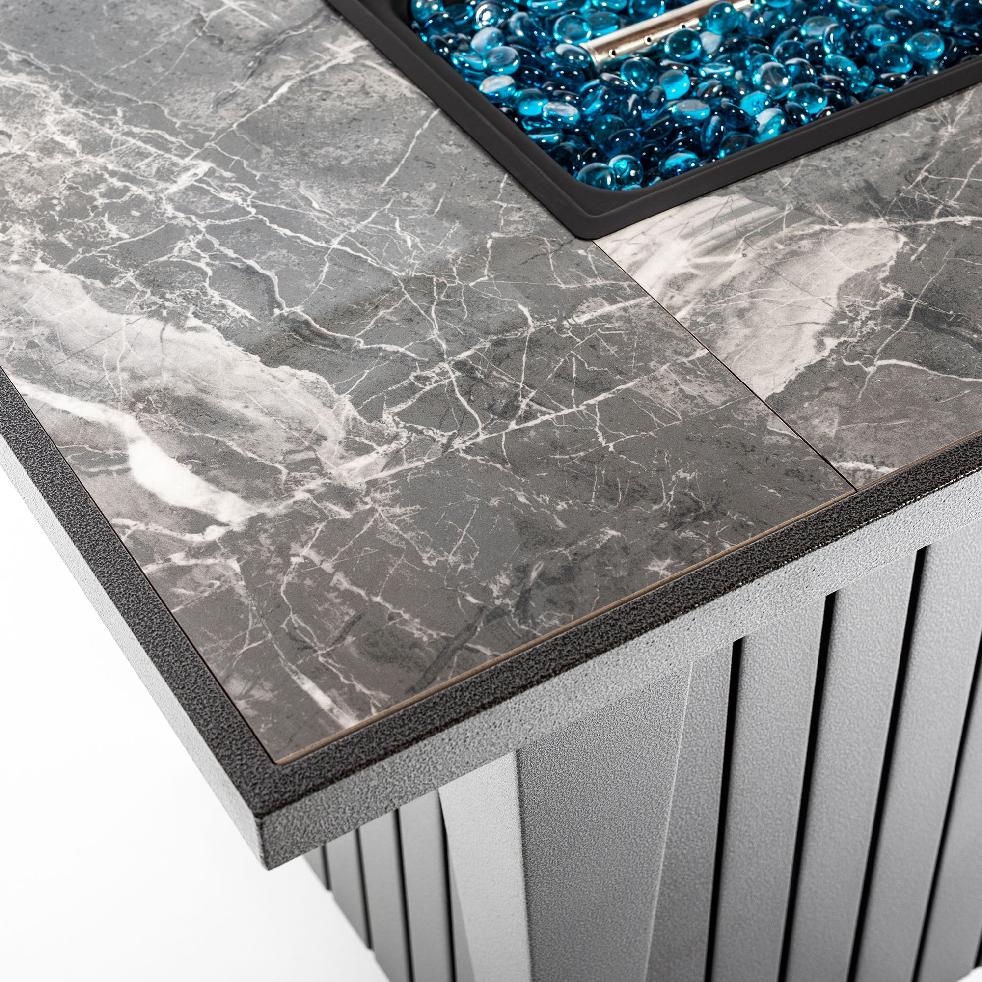 Morden Steel Fire Pit Table With Marble Tile Tabletop, Glass Wind Guard And Lid