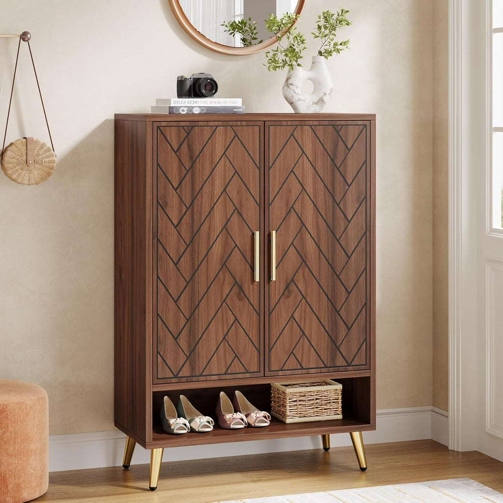 6 Tier Wooden Entryway Shoe Cabinet, Wide Storage Unit For 24 Pairs Of Shoes - Walnut