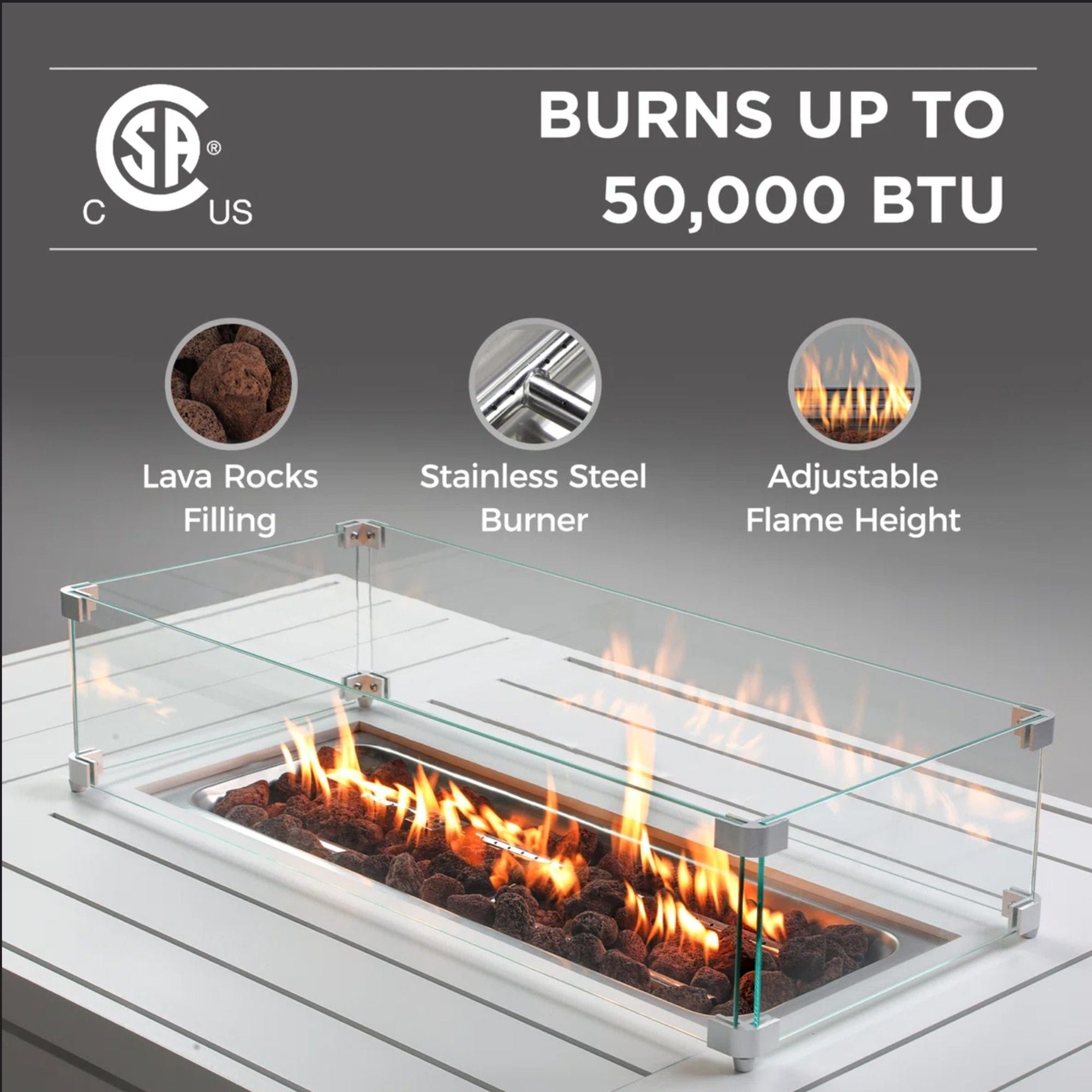Rectangular Propane Fire Pit Table With Burner, Lava Rock, Waterproof Cover
