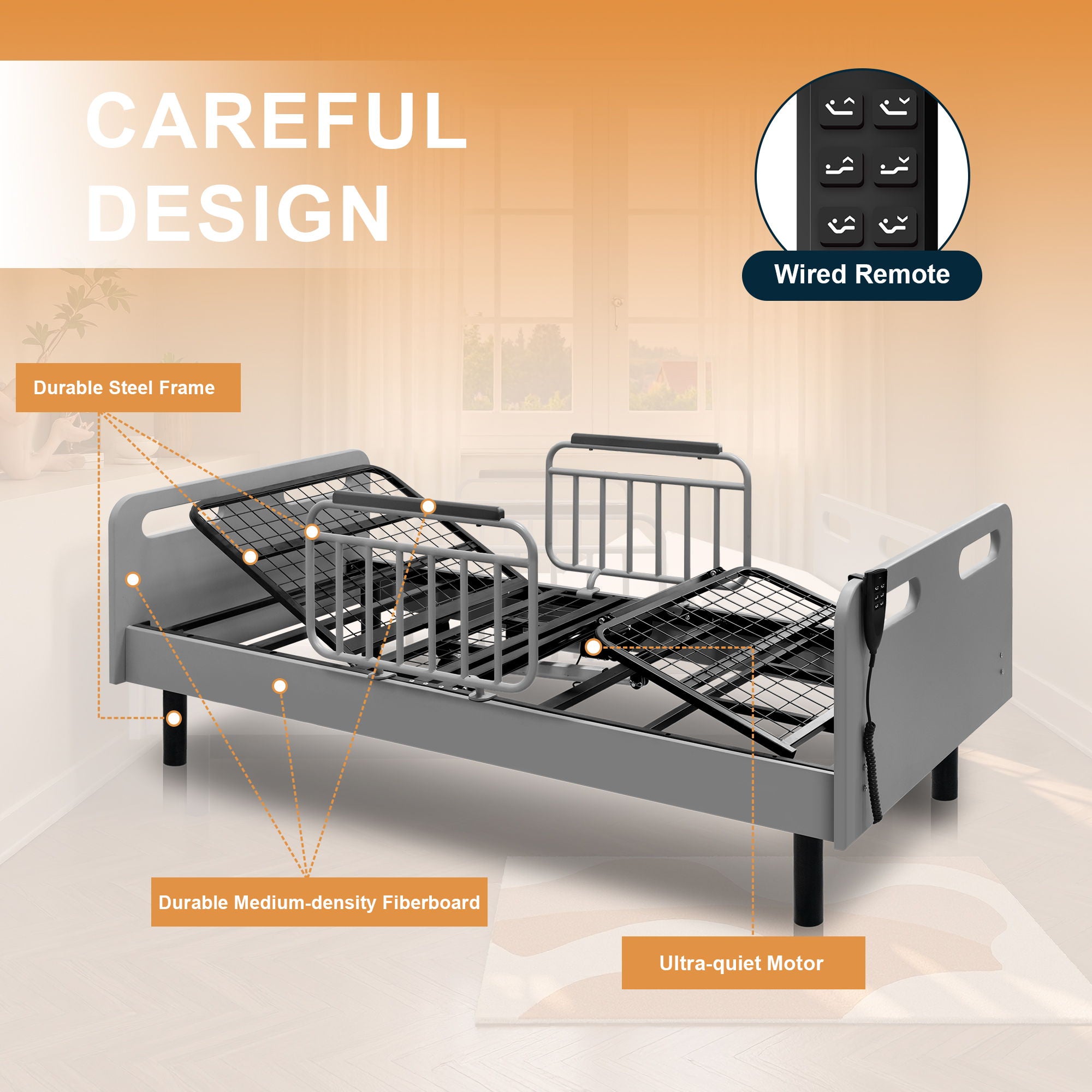 Electric Adjustable Hospital Bed For Home Use With Wired Remote Control, Memory Foam Mattress - Gray / White