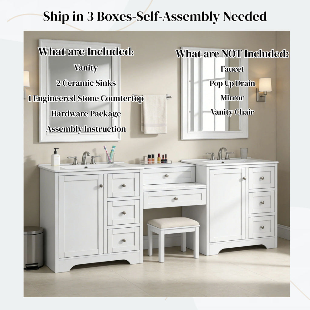 Double Sink Bathroom Vanity With Countertop, 2 Ceramic Sinks, 6 Drawers, Soft Close Design