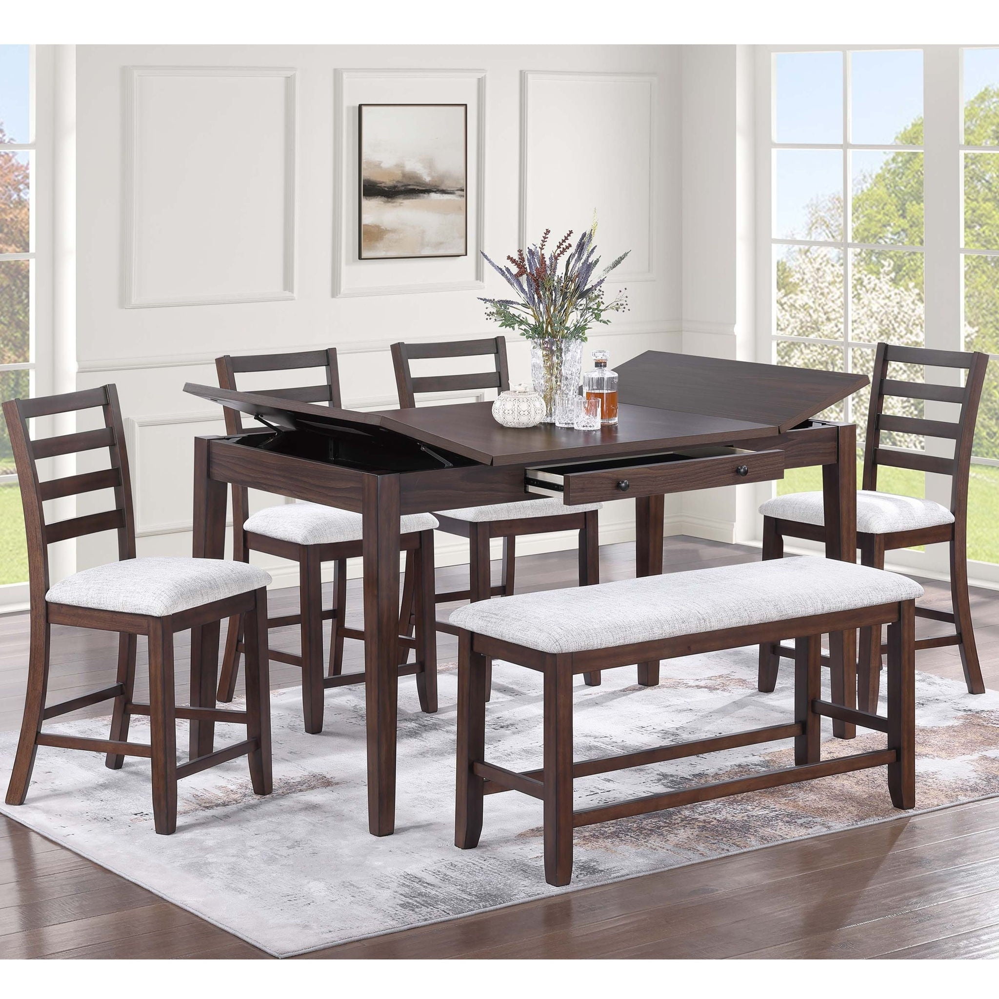 Counter Height Dining Table With Lift Top Storage And Front Drawer - Walnut