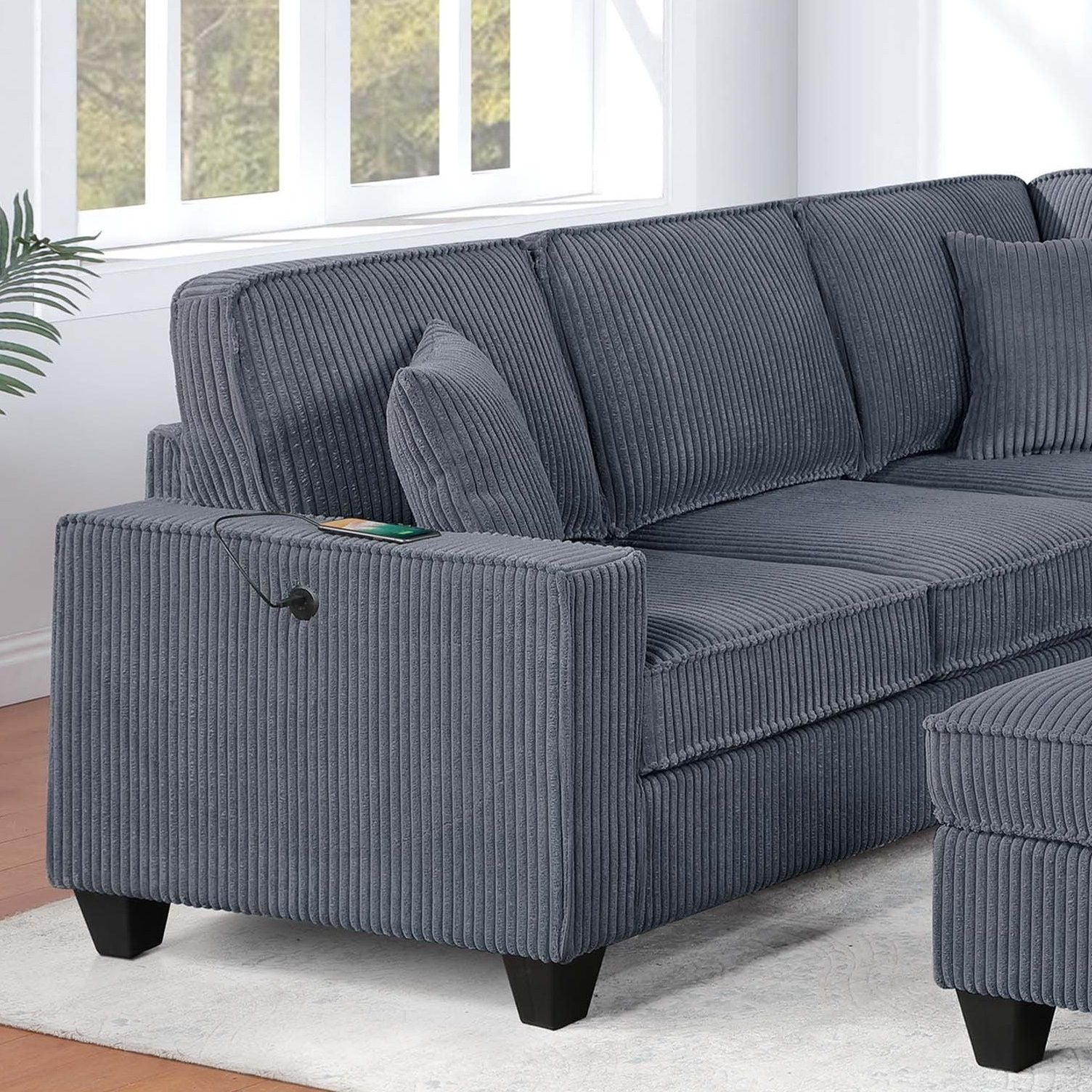 Left Arm Facing Loveseat With USB Port 5 Piece Sectional Set Corner Wedge Armless Chair Cocktail Ottoman Upholstered Living Room Furniture - Dark Gray