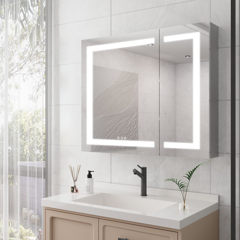 36" X 30" Medicine Cabinet With LED Vanity Mirror, Anti-Fog Recessed Or Surface Mount Bathroom Double Door Large Storage 3000K~6000K Bright Lighted Aluminum Storage Cabinet With Touch Switch - Silver