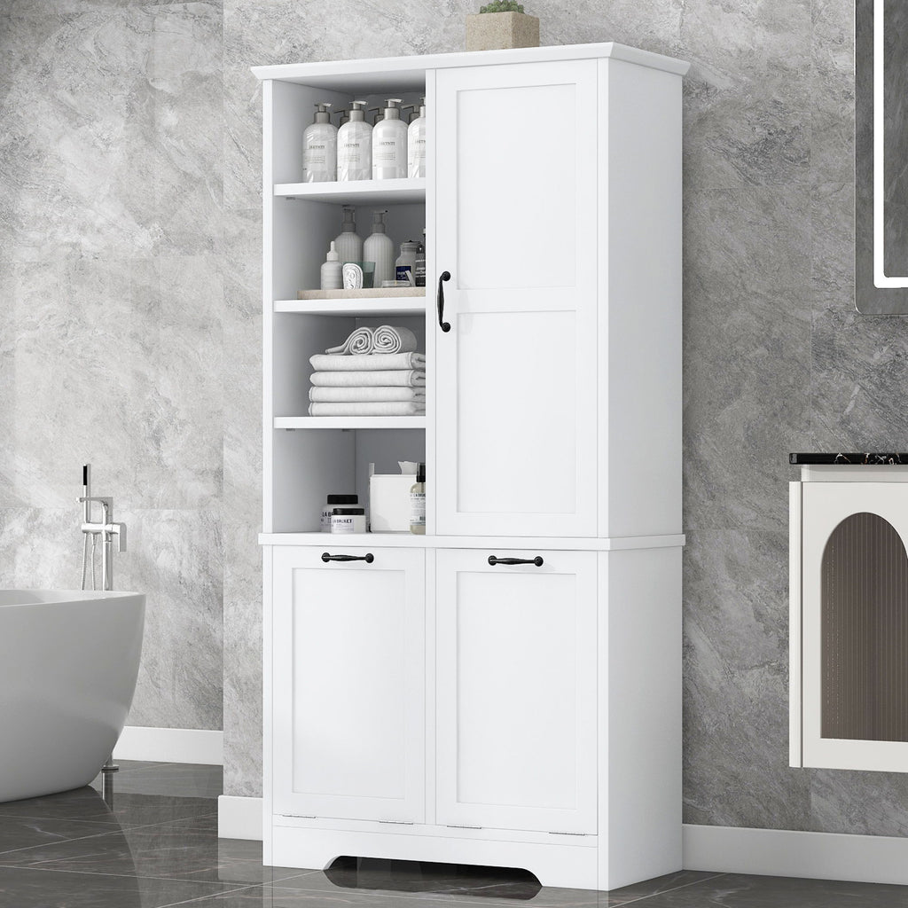 Freestanding Bathroom Storage Cabinet With Doors And Drawers, Adjustable Shelves, Tilt-Out Laundry Hamper