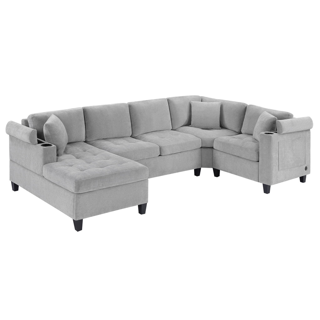 U Shaped Sectional Sofa, Corner Living Room Couch With Built In Cup Holders, Storage, USB Ports