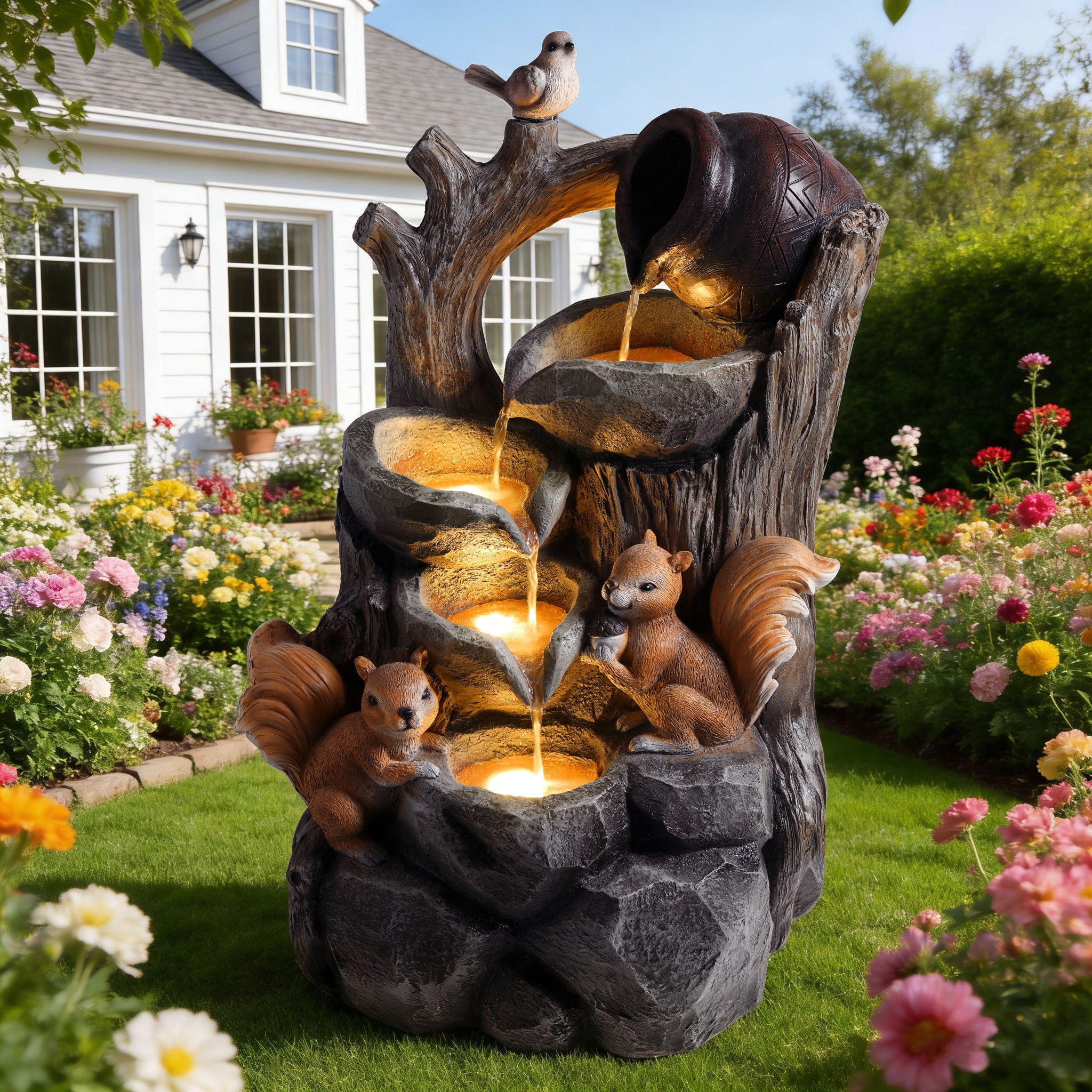 Outdoor Squirrel, Tiered Waterfall Fountain With LED Light For Patio - Gray