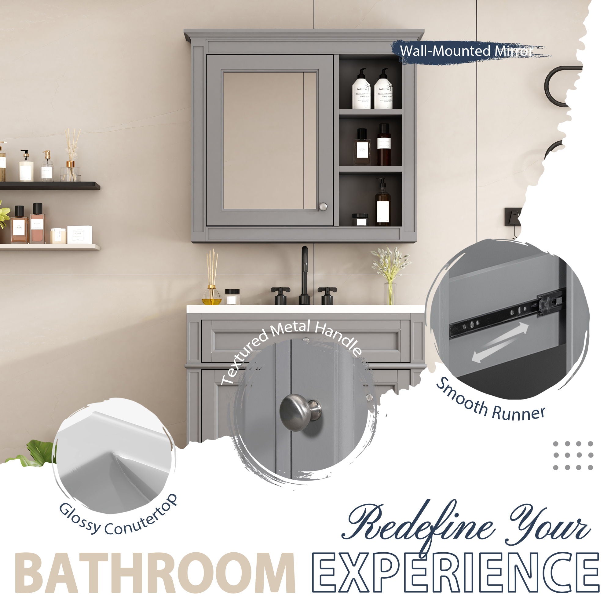 Bathroom Vanity With Top Sink, Freestanding Storage Cabinet With 2 Doors And 3 Drawers, Mirror Cabinet Included - Gray