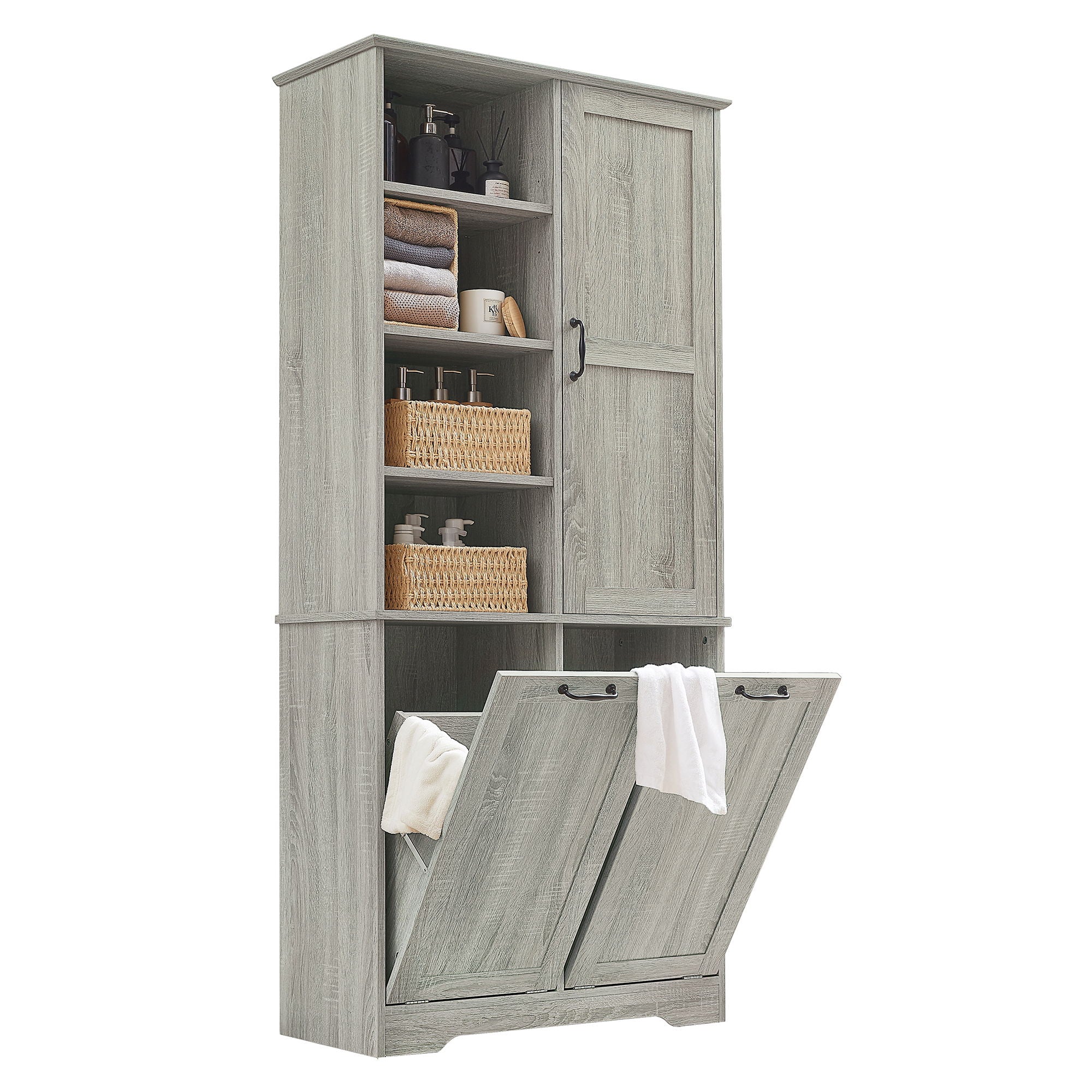 Freestanding Bathroom Storage Cabinet With Doors And Drawers, Adjustable Shelves, Tilt-Out Laundry Hamper