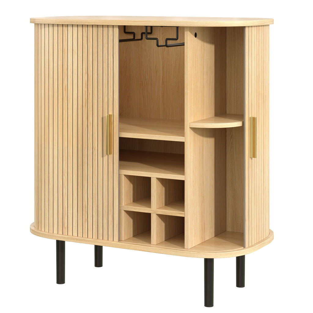 Fluted Wine Bar Cabinet With 8 Grid Wine Rack, 5 Level Adjustable Shelves, 2 Glass Holders