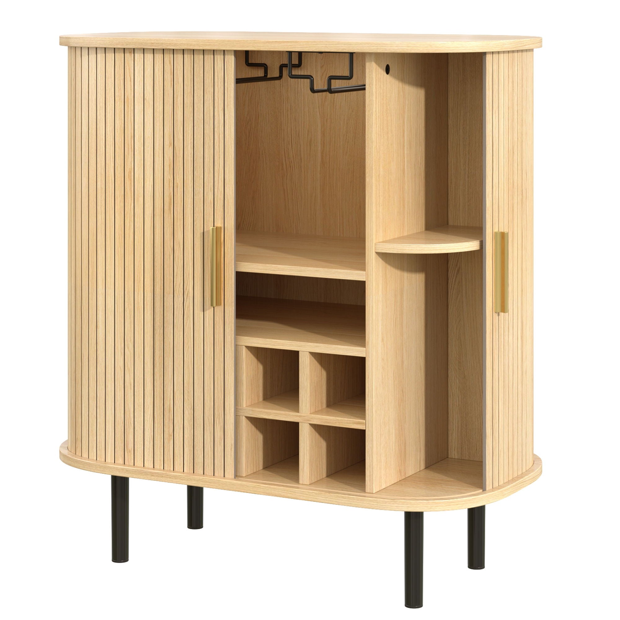 Fluted Wine Bar Cabinet With 8 Grid Wine Rack, 5 Level Adjustable Shelves, 2 Glass Holders