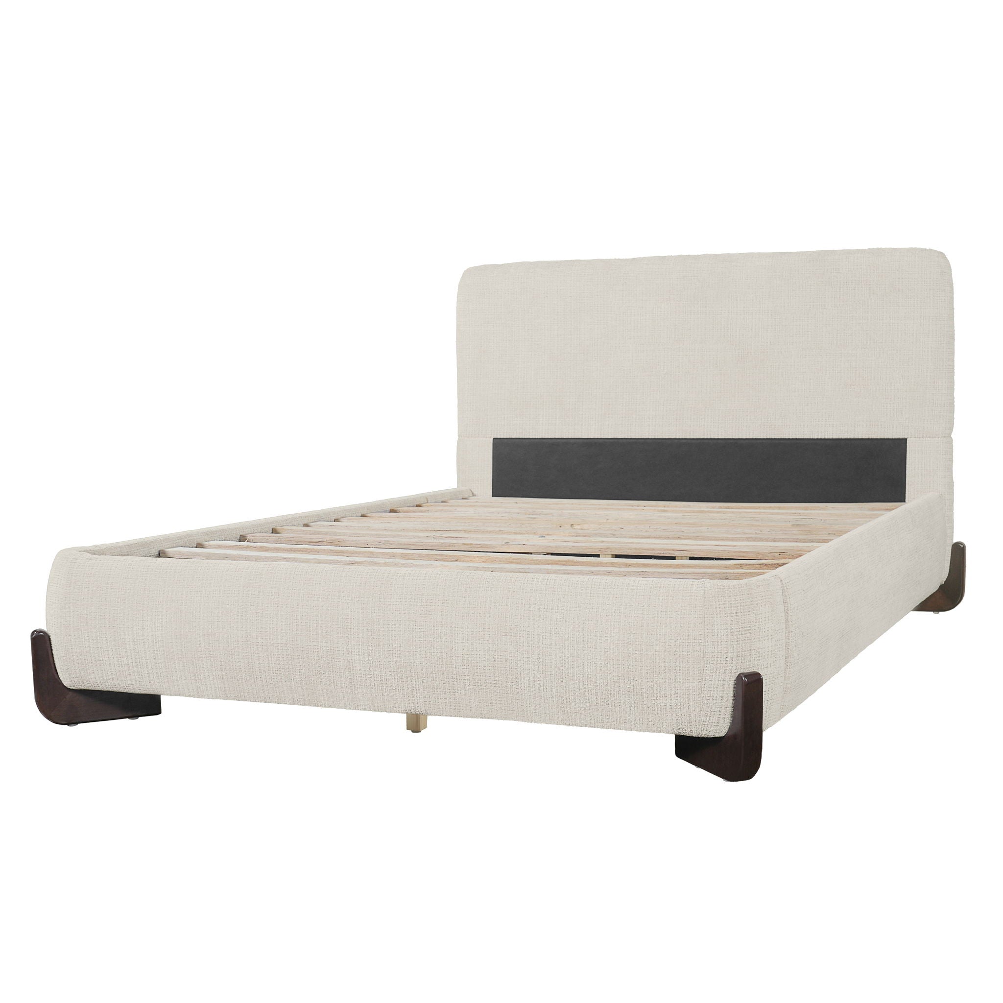 Queen Size Upholstered Bed With Slat Support - Beige