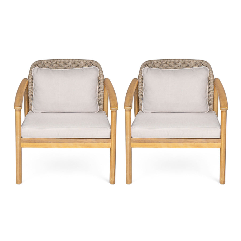 2 Piece Outdoor Acacia Wood Patio Club Chair, Patio Furniture Arm Chair With Woven Rope Backrest, Deep Seating For Porch - Light Teak / Beige
