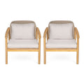2 Piece Outdoor Acacia Wood Patio Club Chair, Patio Furniture Arm Chair With Woven Rope Backrest, Deep Seating For Porch - Light Teak / Beige