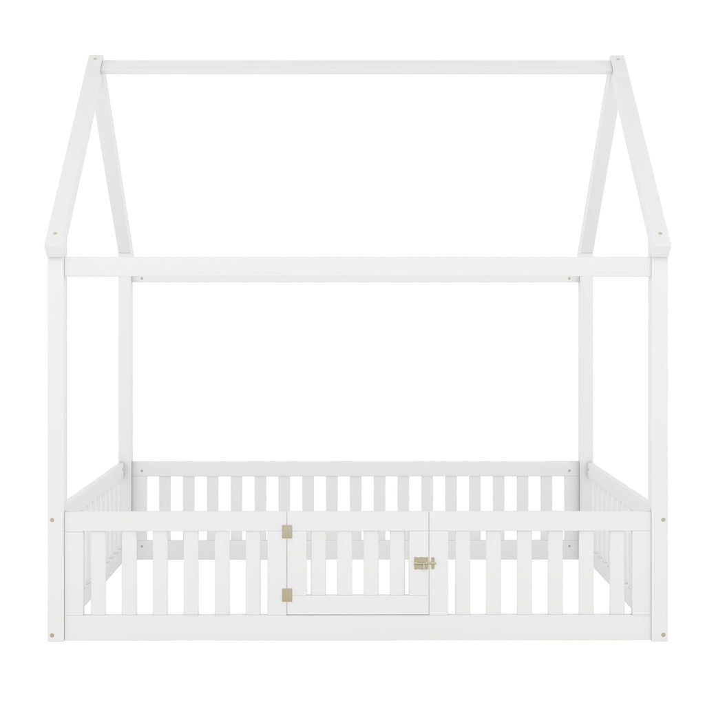 Wood House Bed With Fence And Door