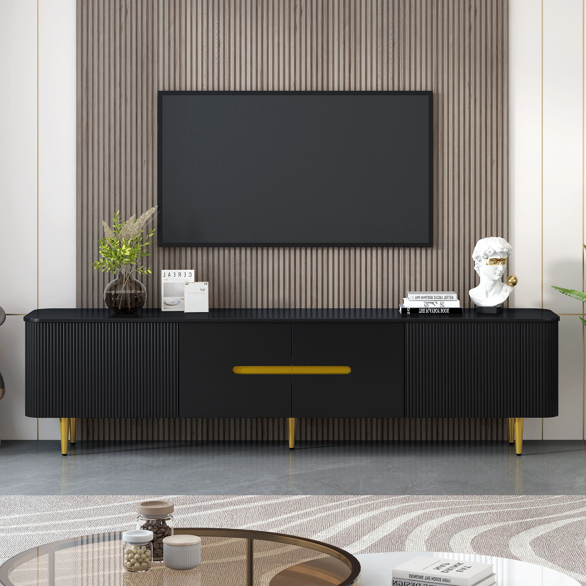 TV Stand For TVs, Media Console With 4 Spacious Cabinets For Living Room