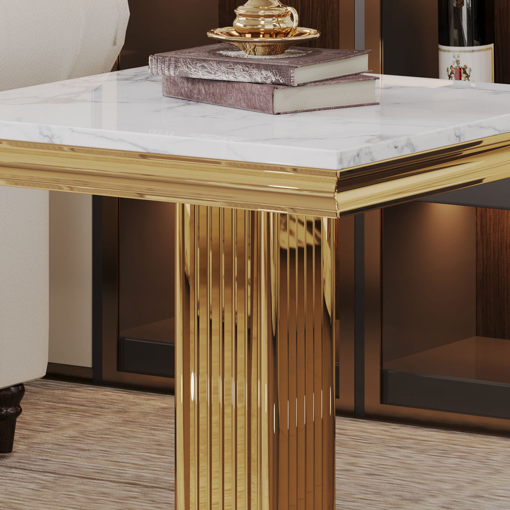 Marble Printed Top Rectangular End Table, Base With Mirrored Finish