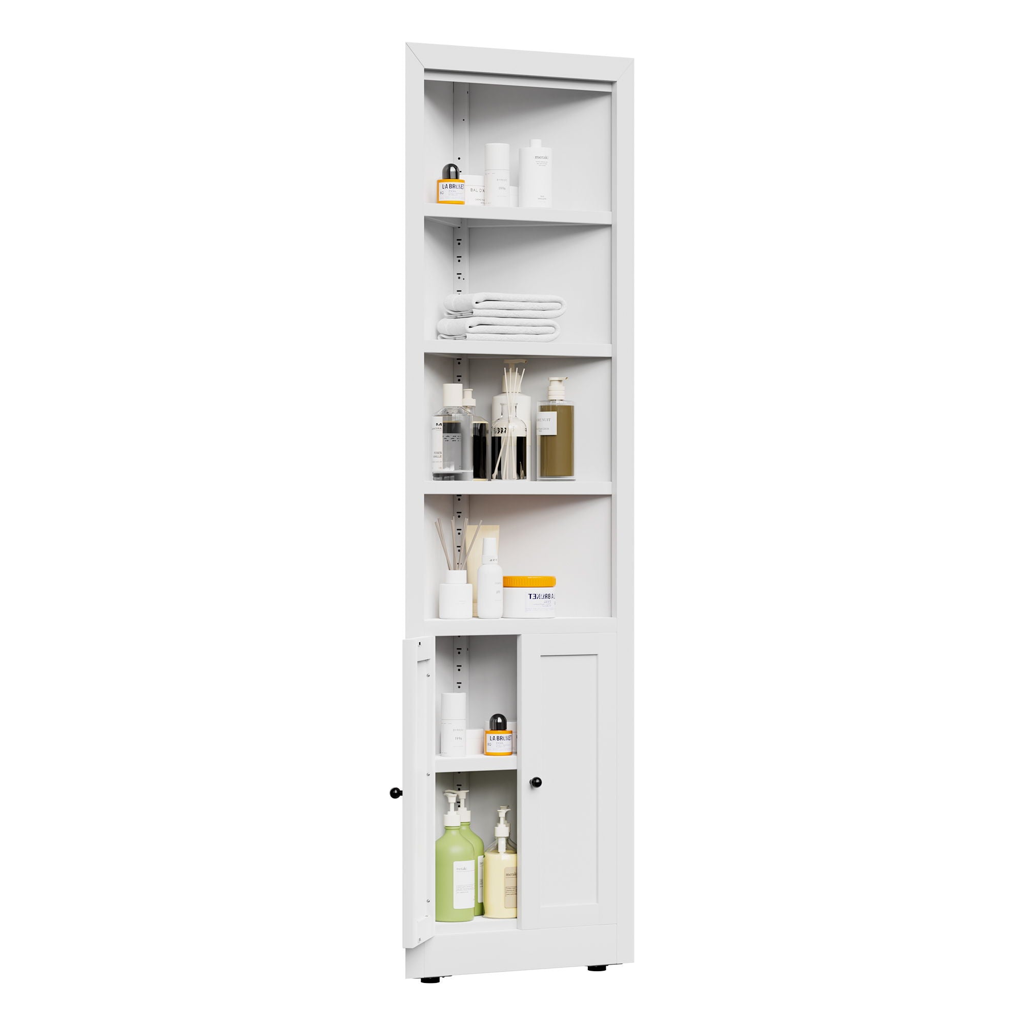 Tall Corner Storage Cabinet With 2 Doors, 5-Tier With Adjustable Shelve, Freestanding - White